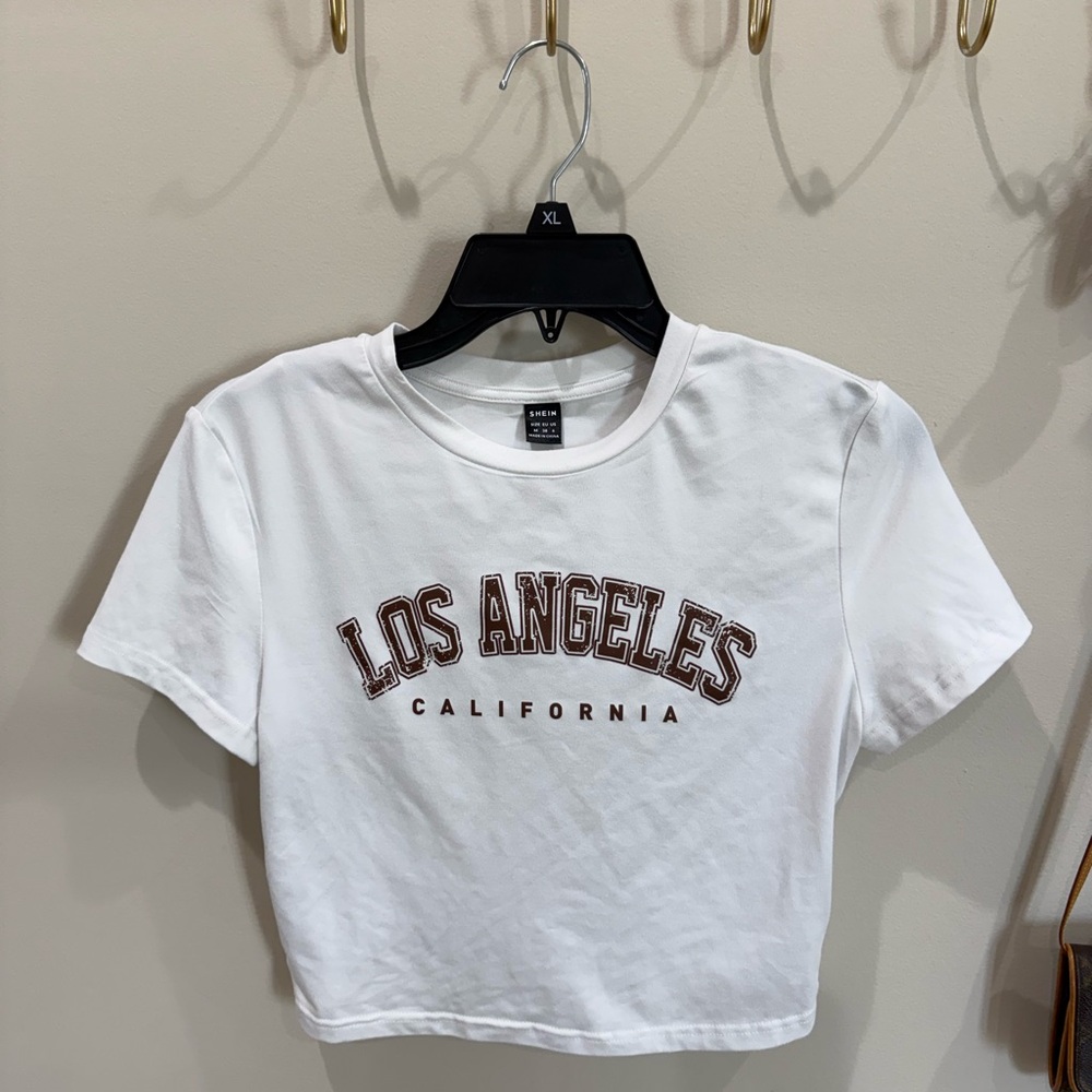 SHEIN White Crop Tee with Brown Print